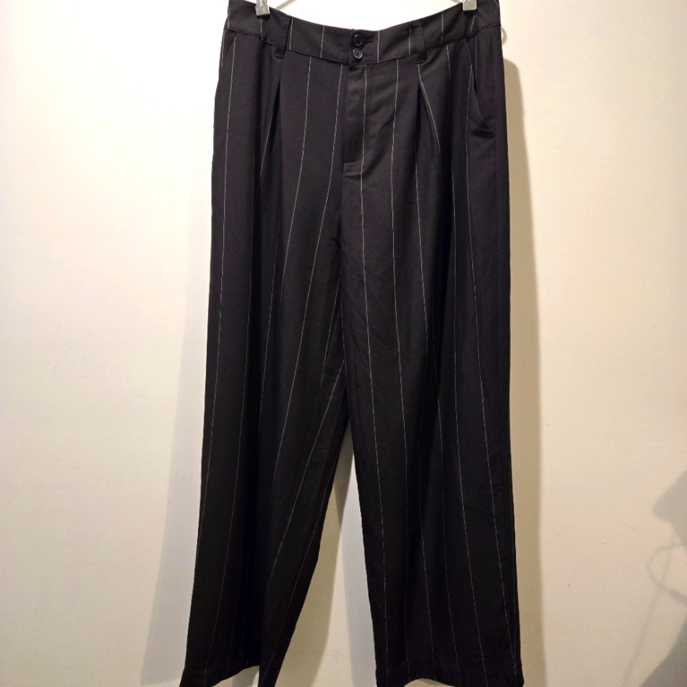 Nili Lotan Wide Leg High Rise Pants 14 Black Pinstripe Office Business Casual